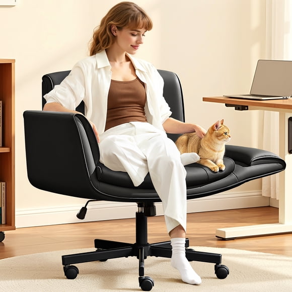 COOLHUT Criss Cross Office Chair with Armrests and Wheels, PU Leather Vanity Chair, Comfy Adjustable Swivel Computer Office Desk Chairs for Home Office, Make Up, Bedroom, Black