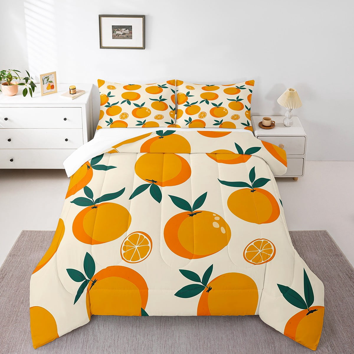 Orange Bedding Set,Summer Fruit Comforter Sets King Size,Yummy Tangerine Down Comforter,Girls Fruit Bed Set