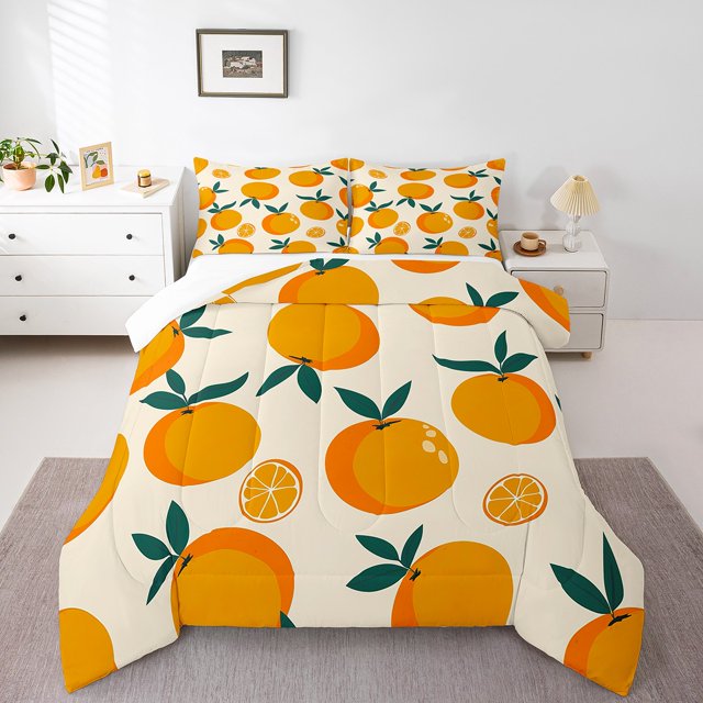 Orange Bedding Set,Summer Fruit Queen Comforter Set,Yummy Tangerine Down Comforter,Girls Fruit Bed Set