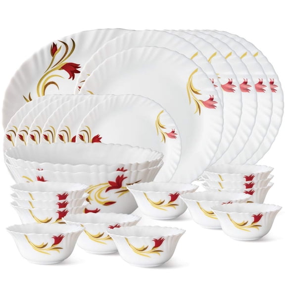 Larah Fluted Series Red Lily Opalware Dinner Set - 27 Pieces For Family Of 6, White | Crockery Set For Dining & Gifting - Bone Ash Free, Microwave & Dishwasher Safe
