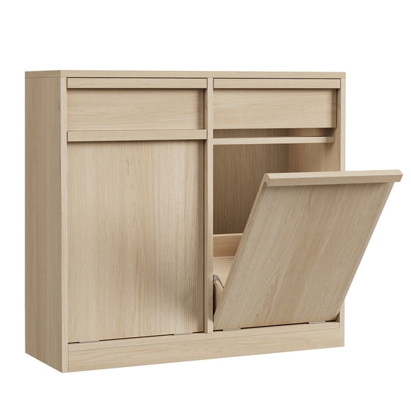 Armoire à Déchets à Double Bascule Gain de Place – Rangement Caché de 20 Gallons – Bac à Ordures Autoportant en Bois et Panier à Linge à l'Épreuve des Animaux avec Tiroirs – pour Cuisine, Salle à Manger et Salon – Couleur Bois