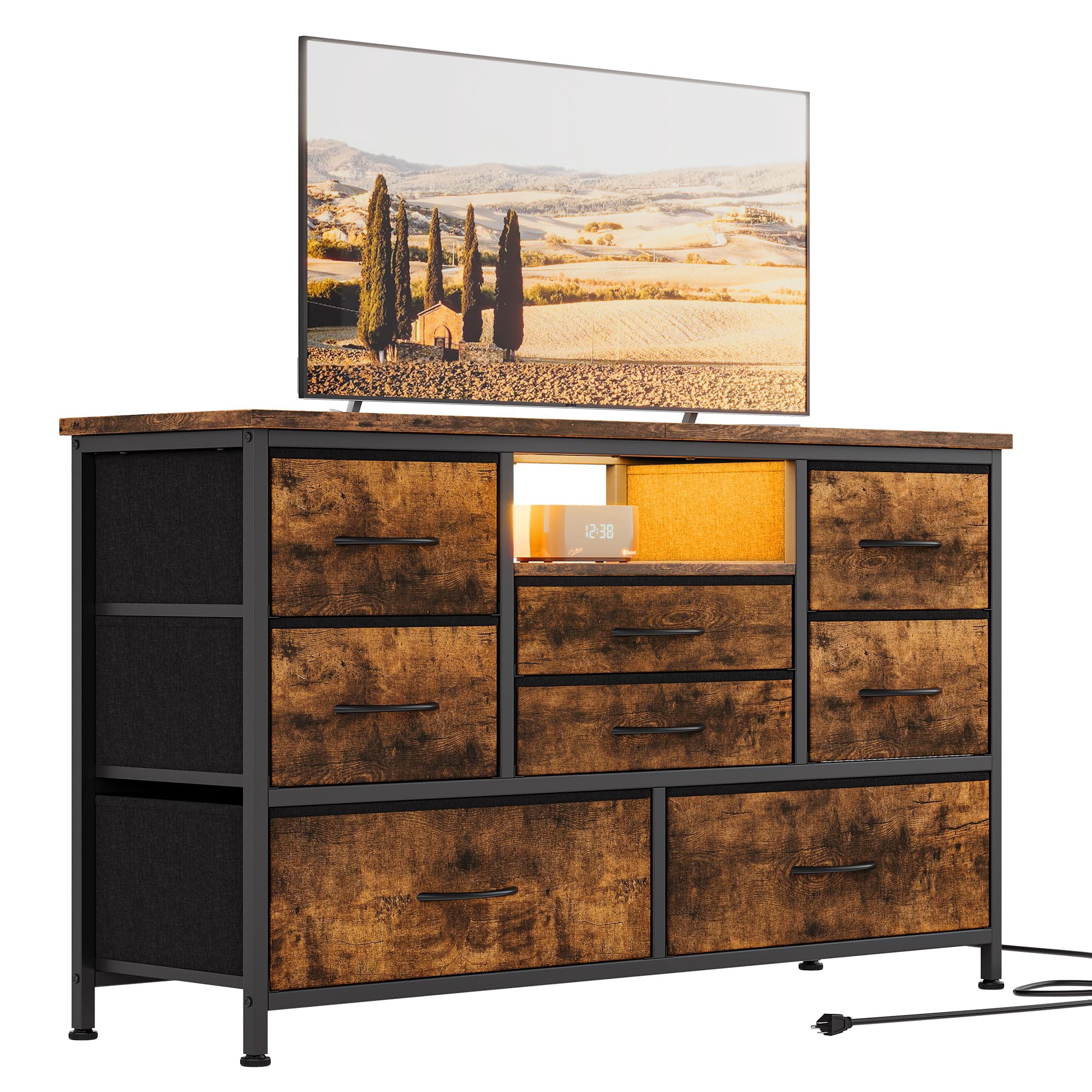 Wide Dresser for Bedroom TV Stand with Power Outlet & LED for 50'' TV with 8 Drawers, Wood Top Wide Console Table for Storage in Closet, Living Room