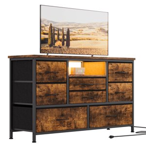 Grande commode pour chambre à coucher TV Stand avec sortie de puissance & LED pour 50' TV avec 8 Tiroirs, Table de console de haut en bois pour le rangement dans le placard, salon