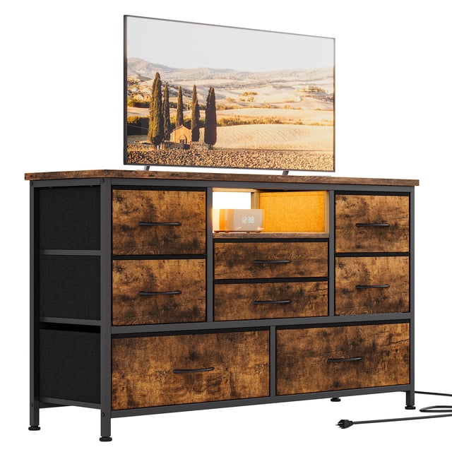 Meuble Télé à 8 Tiroirs avec Prise de Courant et DEL pour Télé de 55 Po, Longue Commode pour Chambre avec 8 Tiroirs Profonds, Grand Table Console pour Rangement dans le Garde-Robe, le Salon, l'Entrée, Dessus en Bois