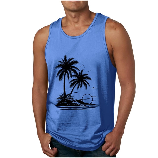 Birdeem Tank Top for Men with a tropical palm tree design on a blue background, featuring a colorless gradient print, round neck, and thin straps. Ideal for casual sports, beachwear, or daily summer wear. Made of lightweight, sweat-wicking polyester and spandex fabric for comfort and breathability. Available in sizes S to 4XL.
