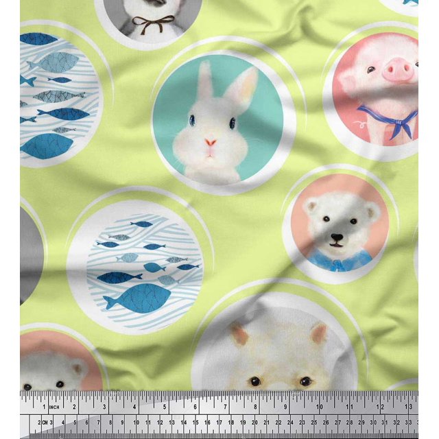 Soimoi Crepe Silk Fabric Circle,Fish & Cute Animals Patchwork Fabric Prints by Yard 42 Inch Wide