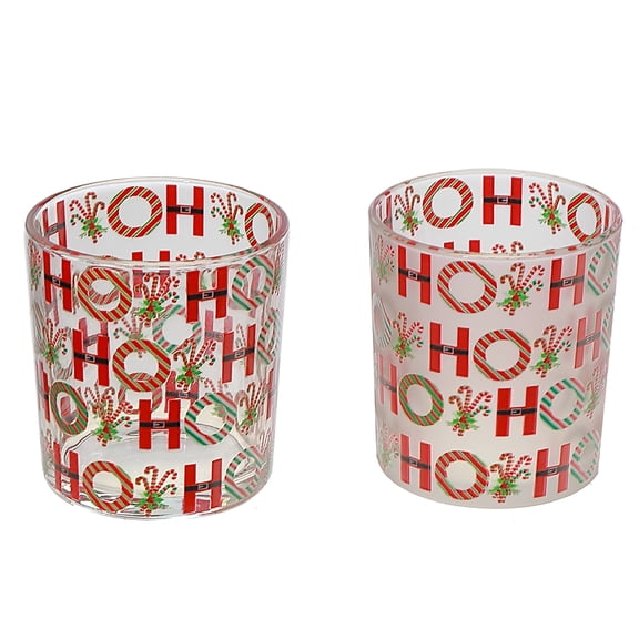 Glass Tealight Holders With Decal (Ho Ho Ho) (Asstd) - Set of 2