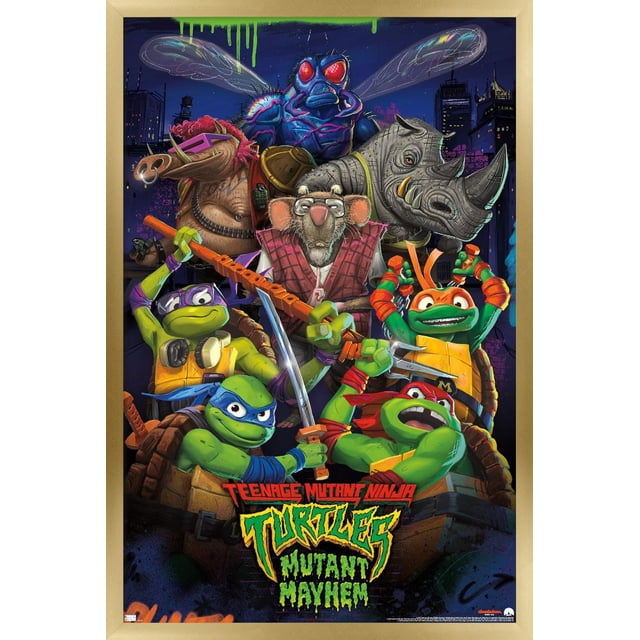 Teenage Mutant Ninja Turtles: Mutant Mayhem - Affiche Murale de Groupe, 22,375 Po x 34 Po Mettant en Vedette les Quatre Tortues Ninja avec Leurs Armes aux Côté d'Alliés, Dont une Grande Mouche Bleue, un Rhinocéros, un Phacochère aux Cheveux Roses et des Lunettes Violettes, et un rat dans un Gilet Rouge, Ensemble contre un Paysage Urbain Sombre avec des Gouttes de Peinture Vert Néon, Imprimé sur du Papier d'Affiche Lustré, Convenant à l'Art Mural et à la Déco