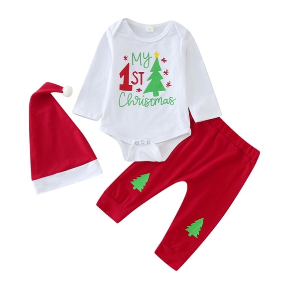 Splozh My First Christmas Baby Girl Boy Girls Long Sleeve Christmas Letter Prints Romper Bodysuit Pants Hat Outfits White,6-12 Months