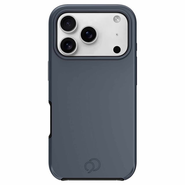 Nimbus9 Cirrus 3 MagSafe Case Steel Blue for iPhone 17 Pro showing a centered rear view with a steel blue dual-layer TPU and PC case featuring RISEGUARD corner fins, 3D HEXA PATTERN for impact resistance up to 20ft drops, responsive buttons, soft-touch texture, and MagSafe compatibility.