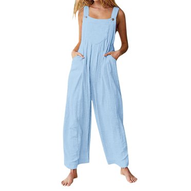 hopeusnice Women's Solid Color Pants Clearance Summer Trousers Baggy Slacks Jumpsuits Long Palazzo Pants One Piece Bib Overalls Wide Leg Beach Trousers with Pockets Comfy Light Blue L