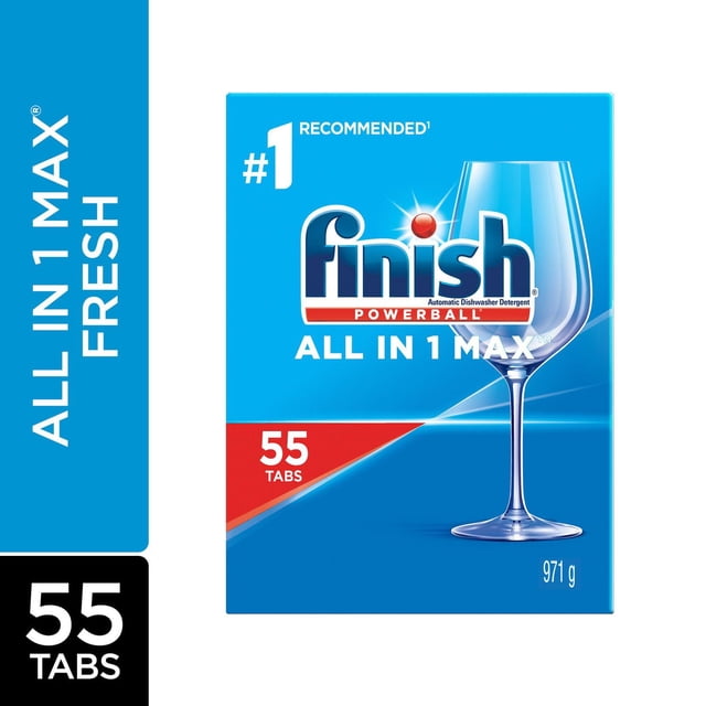 Finish Power Ball All In 1 Max dishwasher detergent pods box with 55 tabs and 971 grams weight, featuring a blue and red design and a clear wine glass image, formulated for everyday clean and shine by cutting grease and removing tough stains.