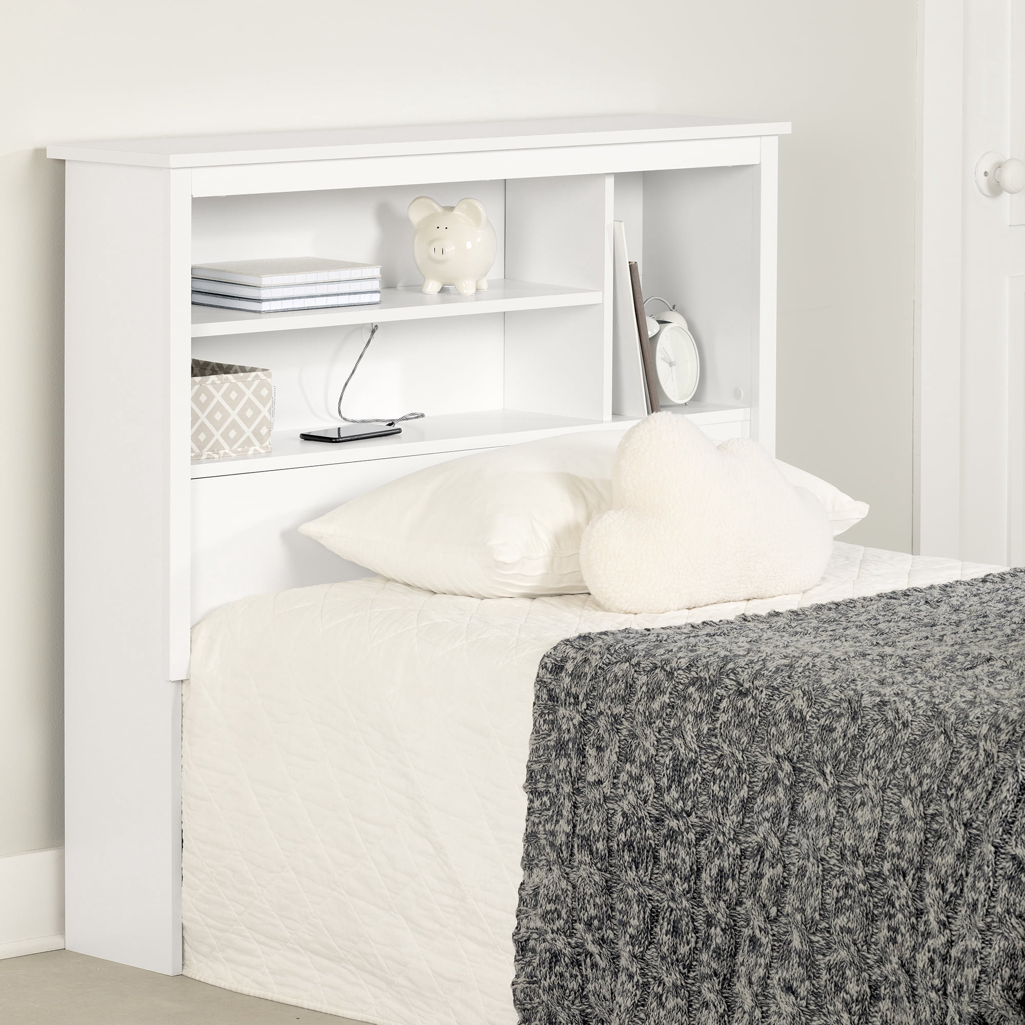 South Shore Vito Twin Bookcase Headboard with Storage, in Pure White