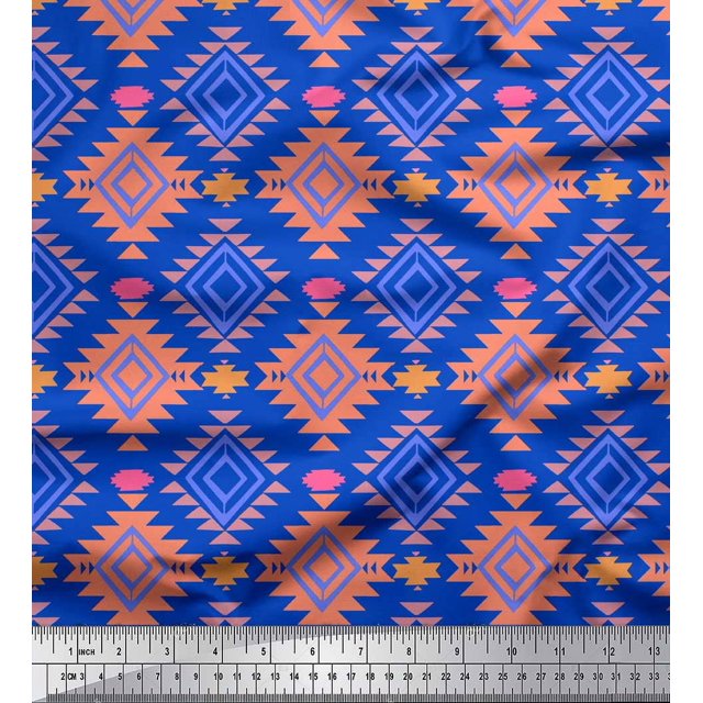 Soimoi Blue Poly Georgette Fabric Diamond Geometric Print Fabric by the Yard 42 Inch Wide