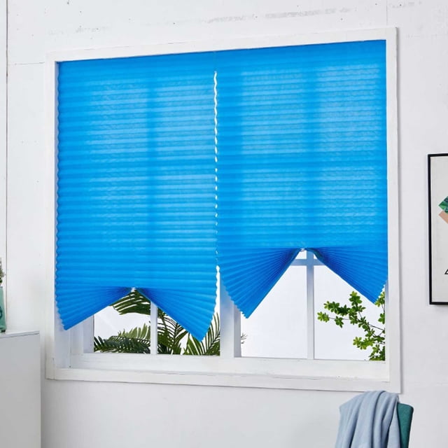 36x60 Inch Instant Privacy Window Covers for Office Use Durable Pleated Polyester Blinds with Double Sided Tape in Blue for Sun Shade