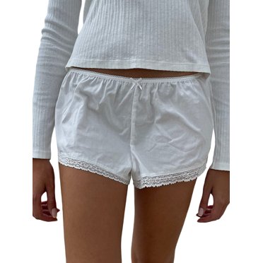 EYIIYE Women's Summer Casual Shorts Ladies Comfy Lounge Short Elastic Waist Shorts Solid Color Lace Trim Pants Cute Daily Bottom