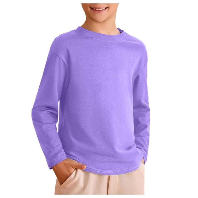 WUANDIXFA T-Shirts en Coton à Manches Longues pour Garçons Enfants Enfants Garçons Automne T-Shirts en Coton à Manches Longues à Col Rond Hauts Tee Violet Pâle, 3-4 Ans