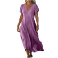 thumbnail image 3 of WRKEKC Robes d'Été Décontractées pour Femmes, Robes d'Été Grande Taille, Robe Jupe à Manches Courtes en Lin Uni à Col en V pour Femmes, 3 of 7