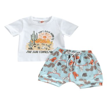 EIMELI Vêtements d'Été pour Bébé Garçon T-Shirt à Manches Courtes Hauts Shorts Décontractés Plage Vêtements Western pour Bébé Garçon Blanc 18-24 Mois