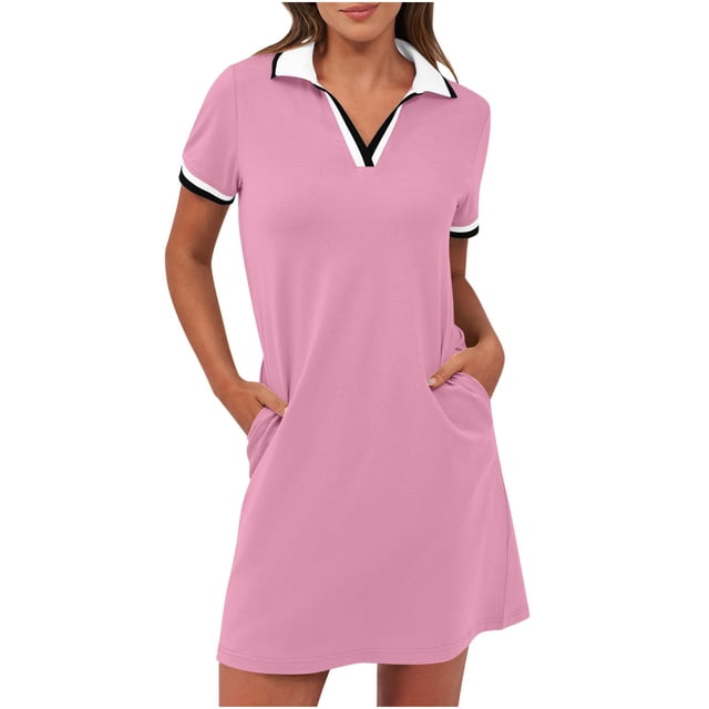 Mgmyaa Robe Chemise Mini d'Été Décontractée pour Femmes Polo Dress Unie à Manches Courtes, Col en V, Tennis Golf, avec Poches