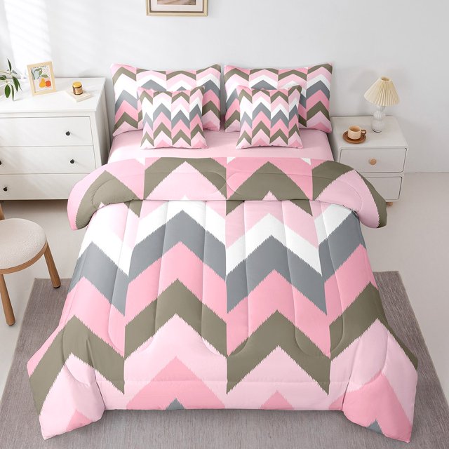 Erosebridal Futuristic Geometry Bed in a Bag Full size, Pink Stripe Bed Set, Abstract Decor, Reversible