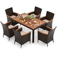 thumbnail image 2 of Costway 7 Pieces Outdoor Wicker Dining Set with Acacia Wood Table and 6 Stackable Chairs, 2 of 10