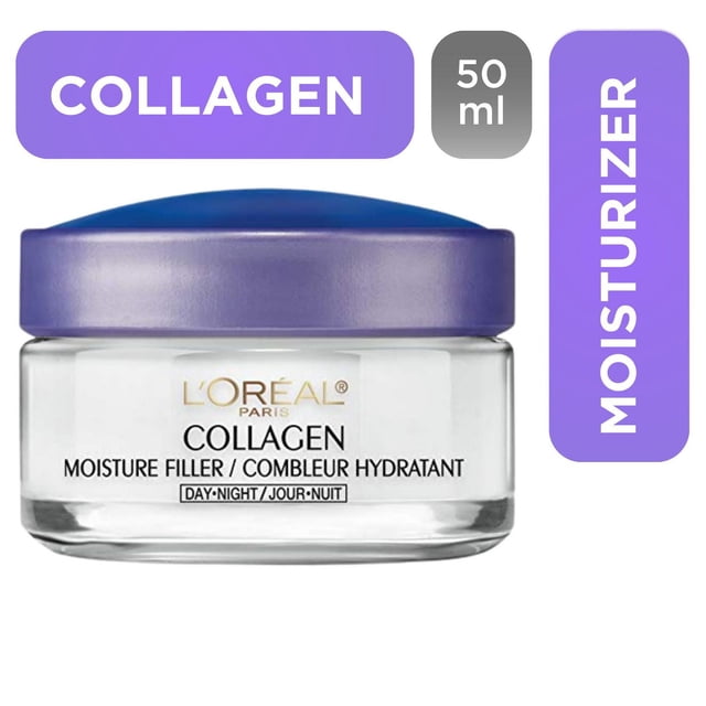 L'Oréal Paris Collagen Moisture Filler Daily Moisturizer in a clear glass jar with a purple lid, 50ml, for day and night use, delivering collagen-rich hydration that fills wrinkles and smooths fine lines for plumper, youthful skin.