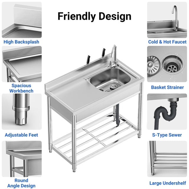 AKDSteel Évier Utilitaire Autoportant, Bol Simple en Acier Inoxydable avec Rangement sous le Comptoir et Plateau d'Égouttage, Comprend un Tuyau d'Eau Chaude et Froide et un Robinet, Parfait pour Garage, Restaurant Ou Buanderie