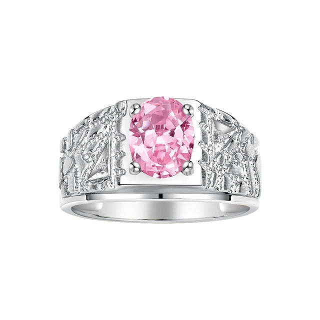 RYLOS Men's Rings Sterling Silver Designer Nugget Ring Oval 9X7MM Gemstone & Diamonds Pink Ice October Birthstone Rings For Man Size 13