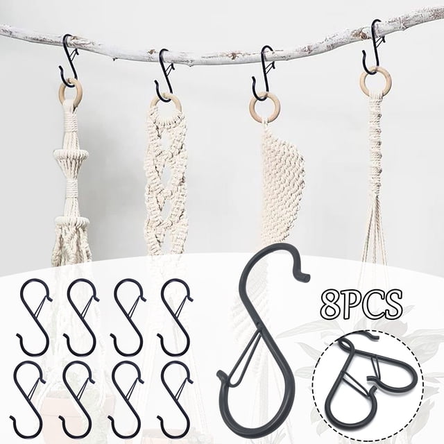 Agiferg 8 Pcs S Hooks for Hanging S Shaped Hooks for Kitchen Utensil and Closet Rod. The image shows black S-shaped hooks with a safety buckle design, made of high-quality alloy steel with an anti-rust coating. These hooks are 9 cm in size and suitable for hanging kitchen utensils, clothes, or bathroom items. The hooks are displayed hanging macrame decor on a wooden rod, emphasizing their versatility and durability.