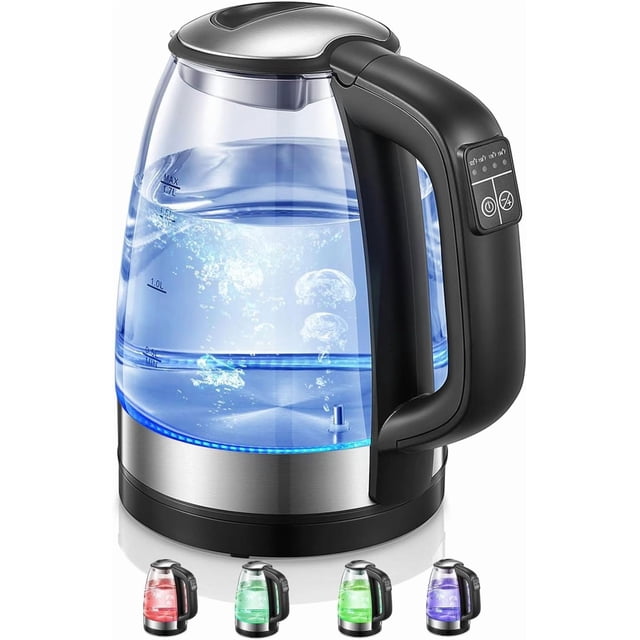 FOHERE Electric Kettle, 1.7L Glass kettle with 5 Temperature Control and 5 Colors LED Lights, Cordless Kettle with Stainless Steel Inner Lid & Bottom