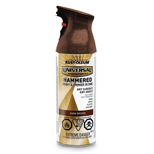 Rust-Oleum Specialty UNIVERSAL® Hammered - Dark Bronze spray paint can with textured dark bronze trigger cap, paint and primer in one for any surface and angle including wood, metal, plastic, and masonry, offering rust prevention and fast drying.
