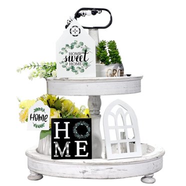 CNKOO 4 Pieces Farmhouse Tiered Tray Decor Bundle Home Farmhouse Items Signs Set Rustic Farmhouse Mini Rolling Pins Farmhouse Black and White Buffalo Beaded Garland for Home Kitchen Shelf