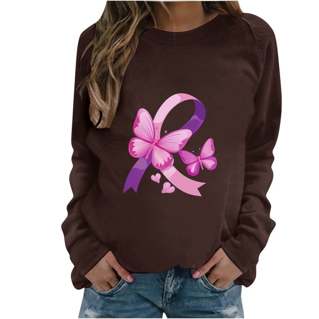 Rbaofujie Chandails Légers pour Femmes Femmes Mode Décontractée Imprimé Col Rond Ample Manches Longues T-shirt Hauts Blouse Brun Chandails à Capuche Graphiques pour Femmes