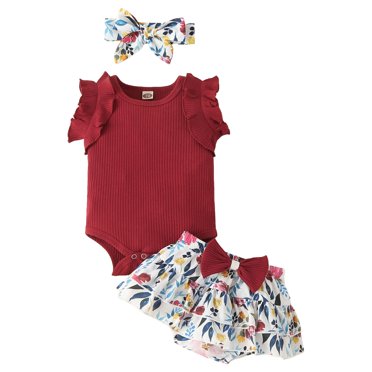 Ketyyh-chn99 Toddler Baby Girl Summer Clothes Toddler Girls Baby Flying Sleeve Shoulder Solid Color Shirt Summer Printed Dress Headband 3 Piece Set for 12-18 Months,Wine