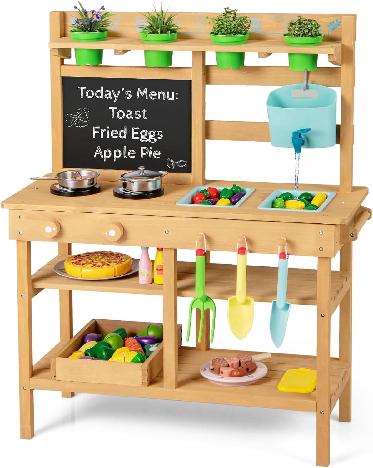 OLAKIDS Mud Kitchen for Kids Outdoor, Wooden Play Kitchen with Real Running Water, Removable Sink & Faucet, 14-Pc Accessory Set for Toddler Boys Girls Ages 3+