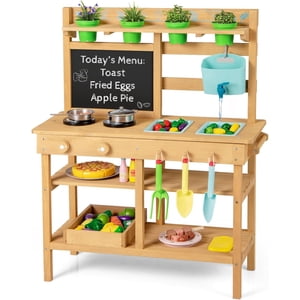 OLAKIDS Mud Cuisine pour enfants en plein air, Cuisine en bois avec eau courante, Évier amovible & Robinet, 14-Pc Ensemble d'accessoires pour les jeunes filles 3+