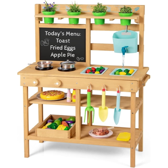 OLAKIDS Mud Kitchen for Kids Outdoor, Wooden Play Kitchen with Real Running Water, Removable Sink & Faucet, 14-Pc Accessory Set for Toddler Boys Girls Ages 3+