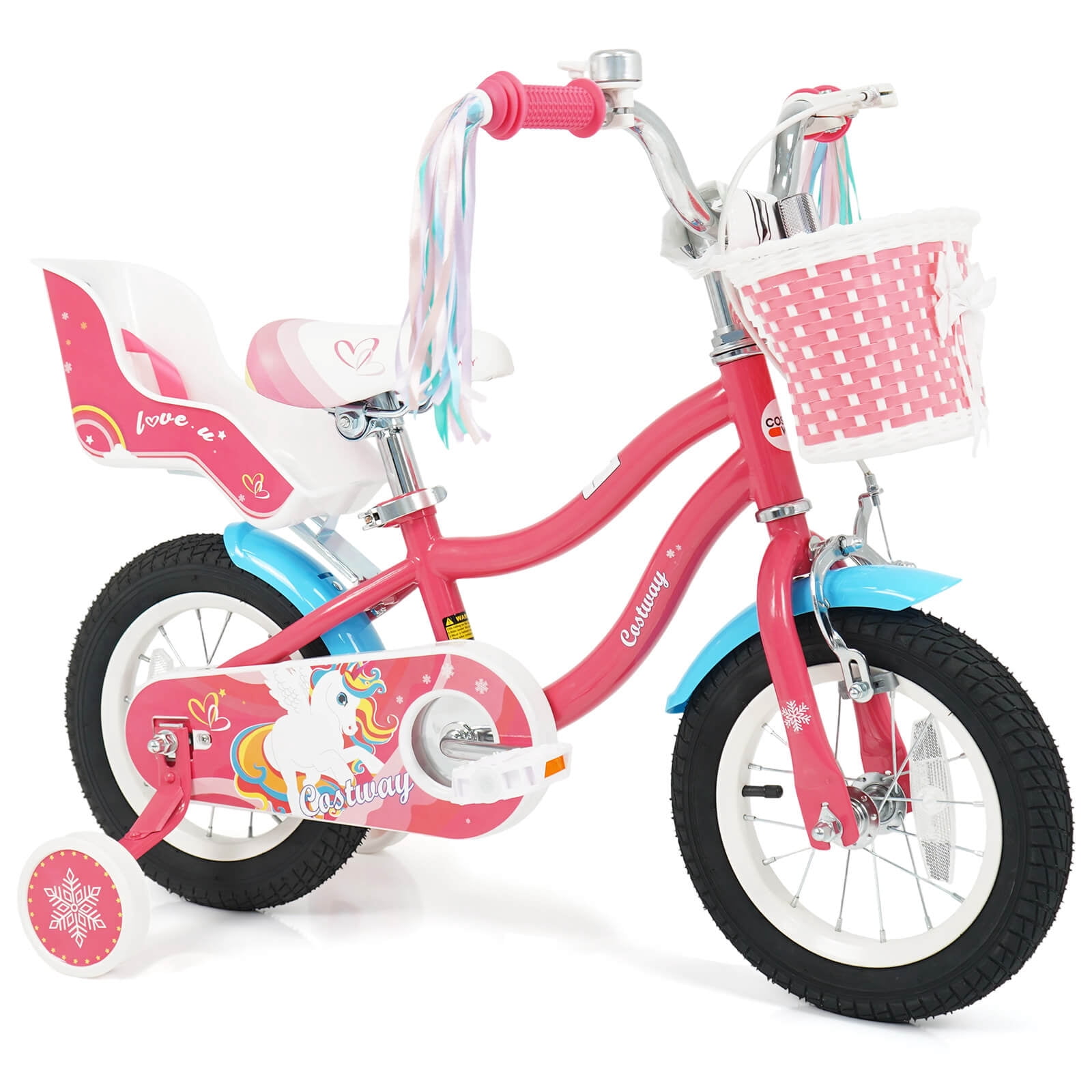 Costway 12” Kids Bike with Basket Doll Seat Colorful Streamers 2 Training Wheels Handlebar