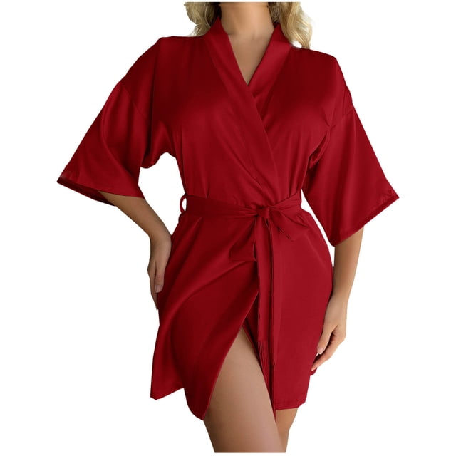 Timegard Satin Nightgowns for Women 3/4 Sleeve Robe Sleepwear Fall Warm Comfy Bathrobe Solid Color