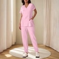 thumbnail image 2 of Yanlir Ensemble Deux Pièces pour Femmes, Blouse à Manches Courtes Boutonnée, Couleur Unie, Col en V et Pantalon à Bas Resserré, Mode (Rose, TG), 2 of 6