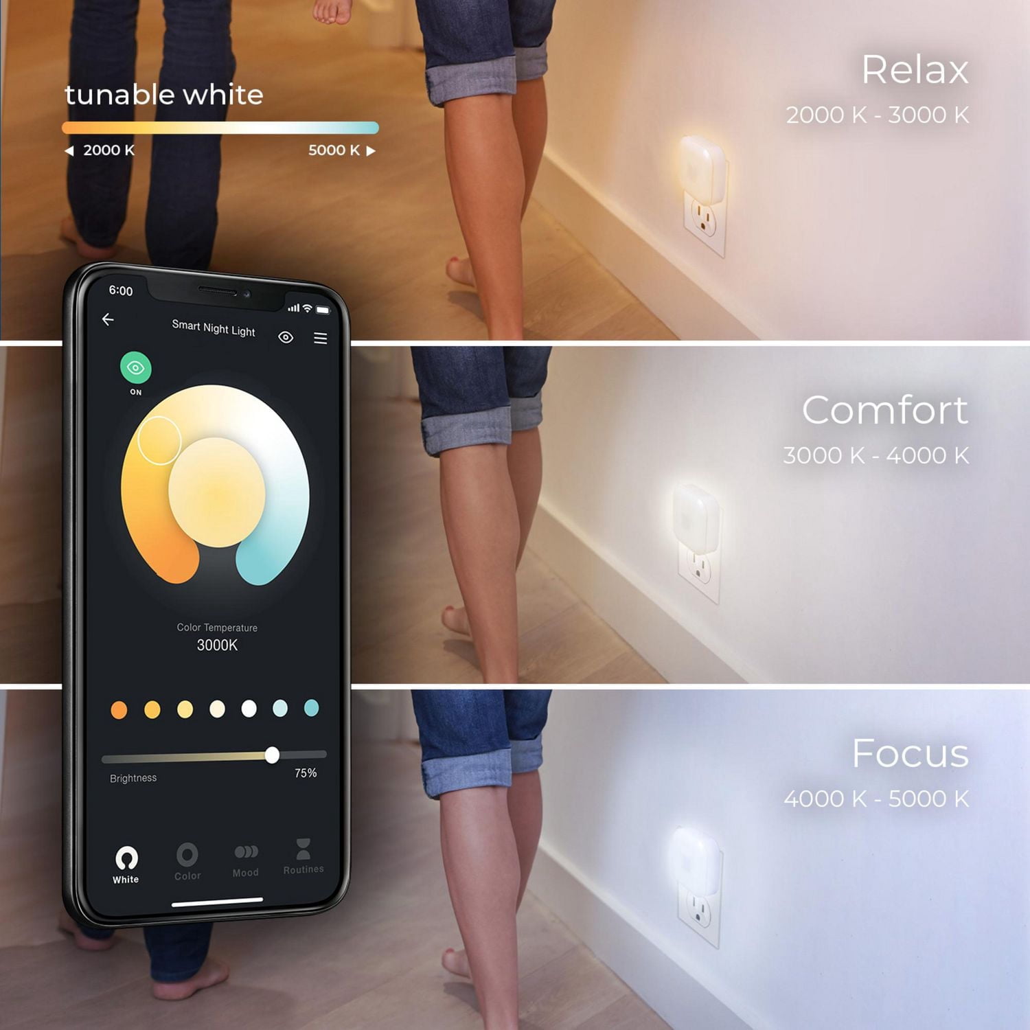 Wi-Fi Smart White Ambient Night Light with Motion Detection, No Hub Required, Voice Activated