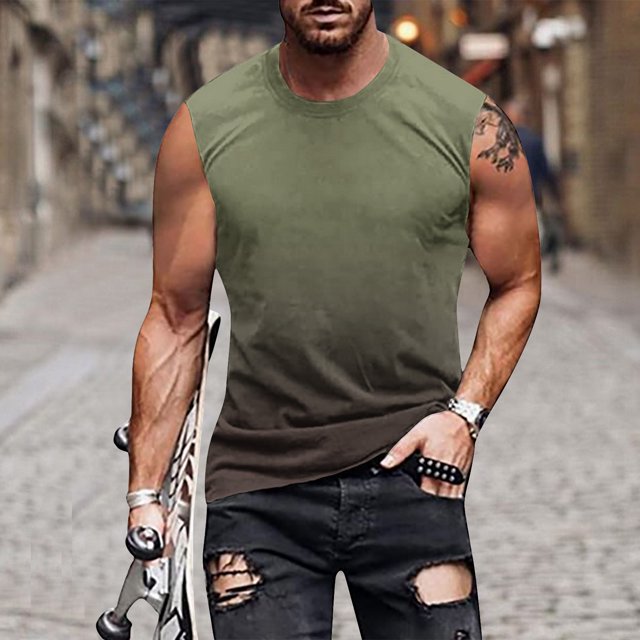 DPTALR Débardeur Sans Manches Dégradé pour Hommes Imprimé Non Positionné Col Rond T-shirt Sans Manches Décontracté Sport
