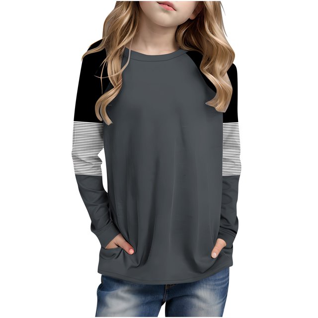 Posijego Girls Striped Long Sleeve Shirts Kids Round Neck Color Block Tunic Tops Spring T-Shirts Size 4-14 Years
