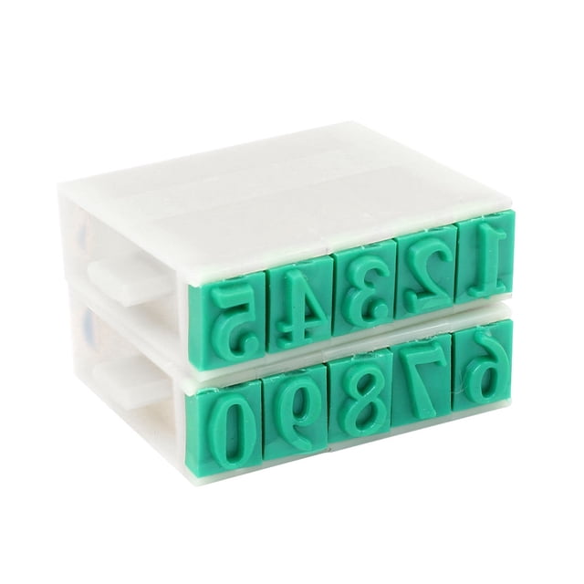 Office Plastic Rubber 0-9 Digits Combination Number Stamp, featuring a detachable design for easy use. The stamp includes green Arabic numerals on a grey-white plastic base, measuring 3.8 x 1.3 x 0.8 cm. Ideal for office tasks, card making, scrapbooking, and document numbering. Package includes a set of 10 stamps.