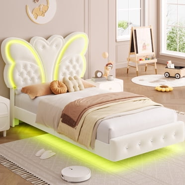 Homfa Lit Double en Velours Rembourré avec Lumières DEL, Cadre de Lit Plateforme Flottant avec Tête de Lit Capitonnée à Boutons Cristal Papillon, Beige