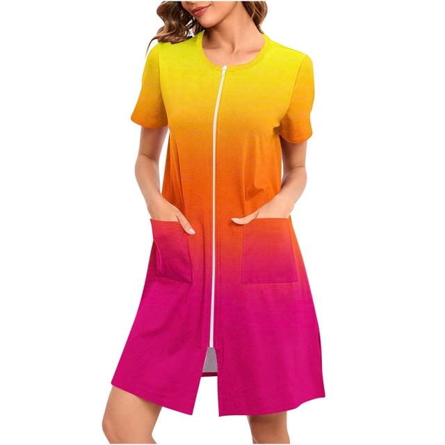 Womens Short Zipper Robe, Short Sleeve Nightgowns with Pockets Gradient Printed Cute Sleepdress Housecoat Multicolor L