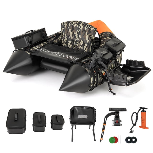 Costway Bouée de Pêche Gonflable Tube Bateau de Pêche Portable avec 3 Boîtes de Rangement Détachables au design camouflage. Idéal pour la Pêche en Lac, Il Comprend un Support pour Détecteur de Poissons, un Porte-Tringle, un Dossier Réglable et des Boîtes de Rangement Imperméables. Fabriqué en polyester 600D durable et PVC, Convient à une Utilisation par une Seule Personne avec des dimensions de 41,5 x 59 x 15 Pouces. Comprend une Pompe Manuelle, un kit de Réparation et des Bretelles d'Épaule Ajustables pour la Portabilité.