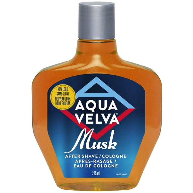 Aqua Velva After Shave/cologne in a 235 ml amber shatterproof bottle with a silver cap, featuring a blue label with red and light blue diamond shapes and white text highlighting the Musk scent and bilingual after shave/cologne description.