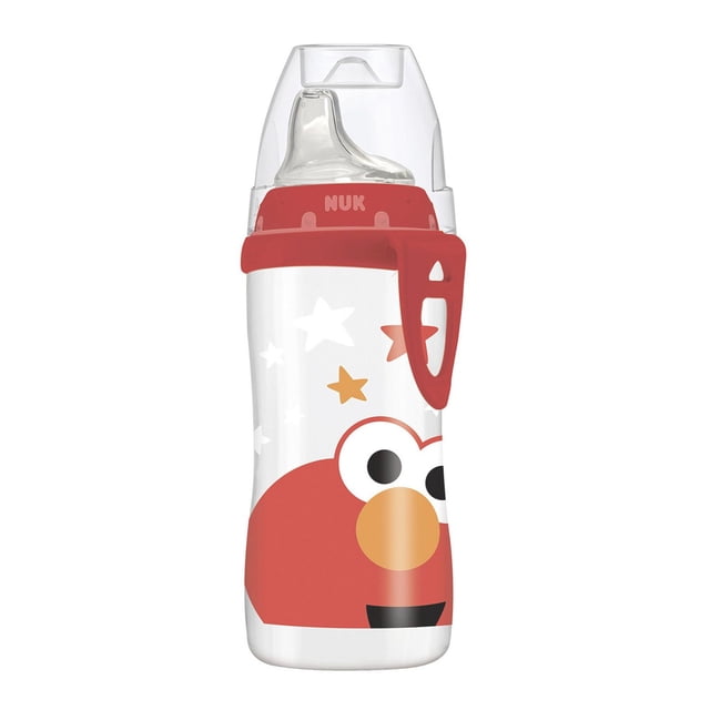 NUK Active Sippy Cup Sesame Street Elmo 10 oz with clear soft spout and red spill-proof lid with clip, featuring Elmo's face and stars on a white bottle, BPA free and designed for toddlers transitioning from bottle to cup